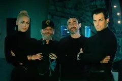 Diabolik - Ginko all'attacco!, una foto dal set con Marco Manetti, Antonio Manetti, Giacomo Gianniotti e Miriam Leone