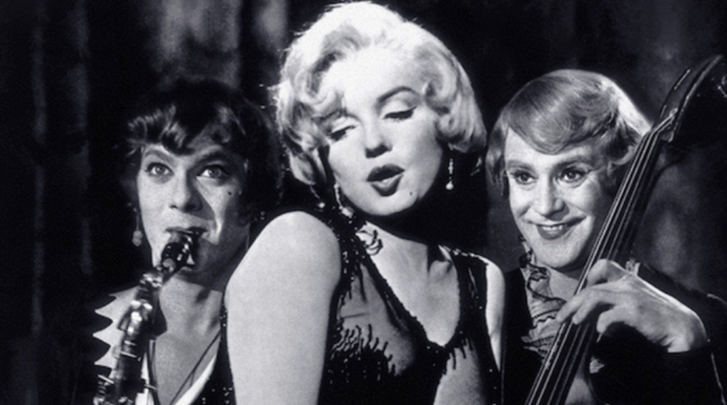 A qualcuno piace caldo, Jack Lemmon, Tony Curtis e Marilyn Monroe in una scena