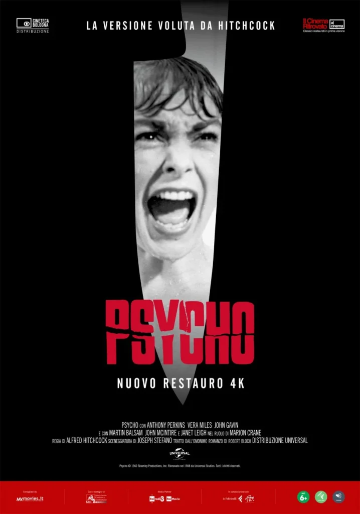 La locandina italiana di Psycho di Alfred Hitchcock, nella sua versione restaurata del 2022