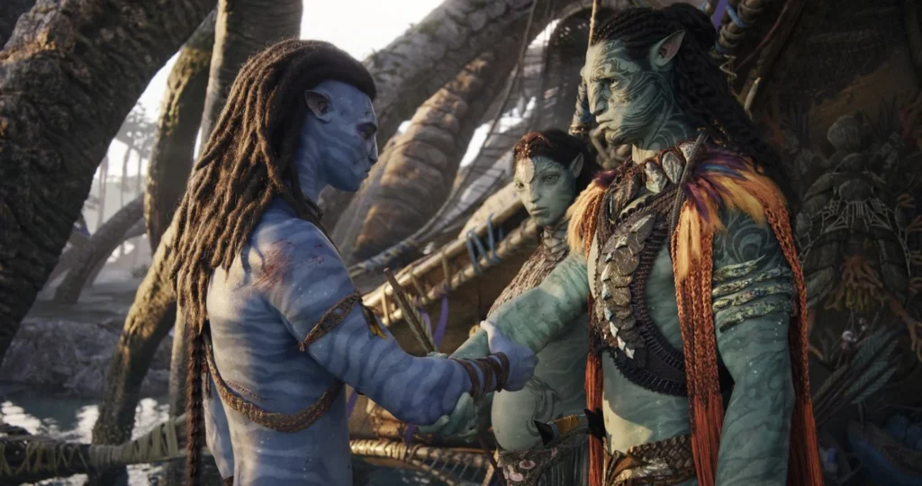 Avatar - La via dell'acqua, Sam Worthington, Kate Winslet e Cliff Curtis in una scena