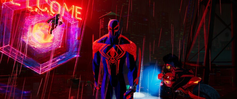 Spider-Man: Across the Spider-Verse, tre protagonisti sotto una fitta pioggia in un momento